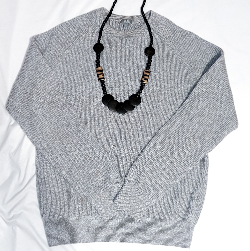 UNIQLO Gray Thick Knit Premium Cotton Long Sleeve Sweater, Size Large